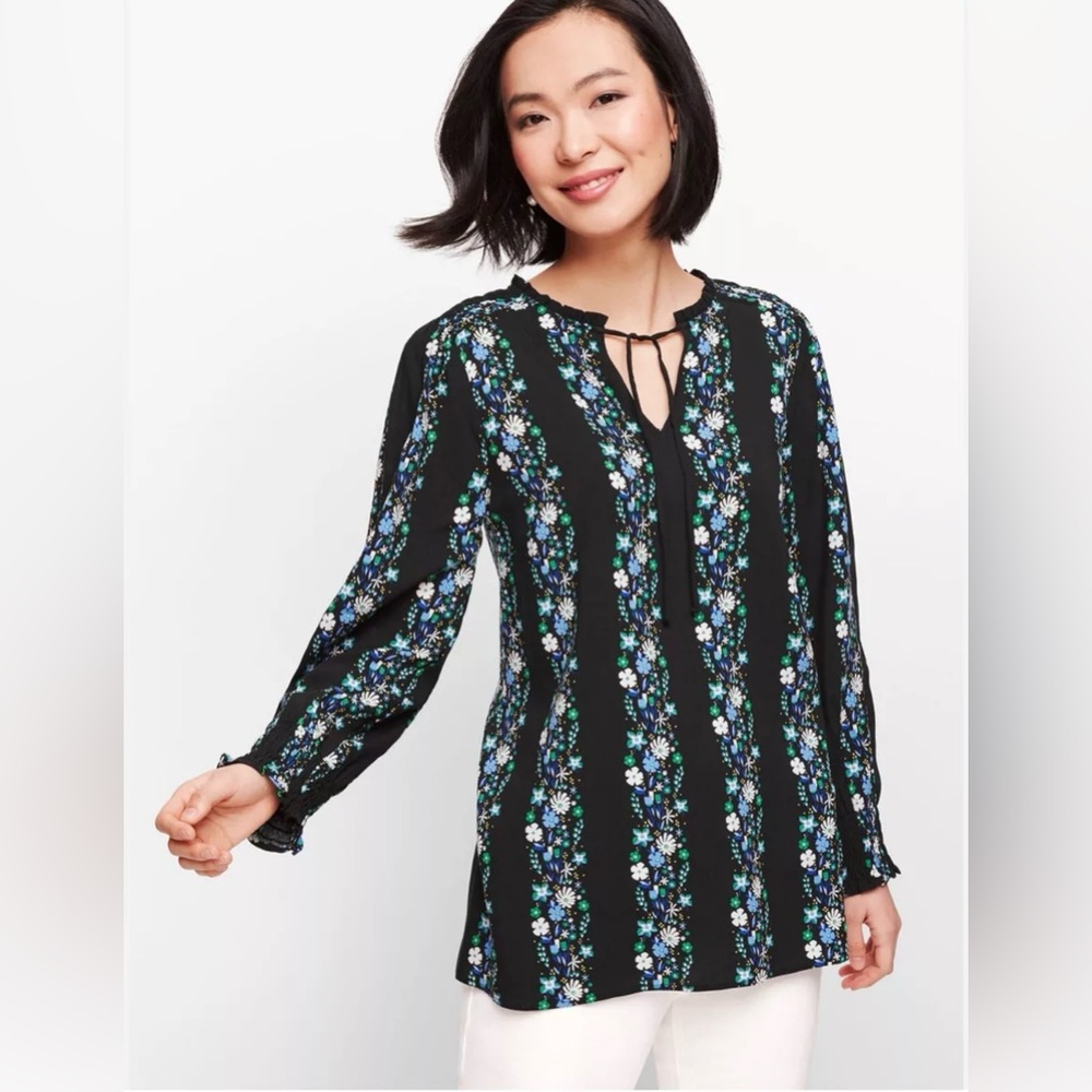 Talbots XL Garden Floral Popover V-Neck Peasant Sleeve Blouse